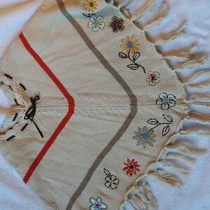 Timberland Girl Cream Knit Poncho Cape Shawl Red Brown 100% Cotton